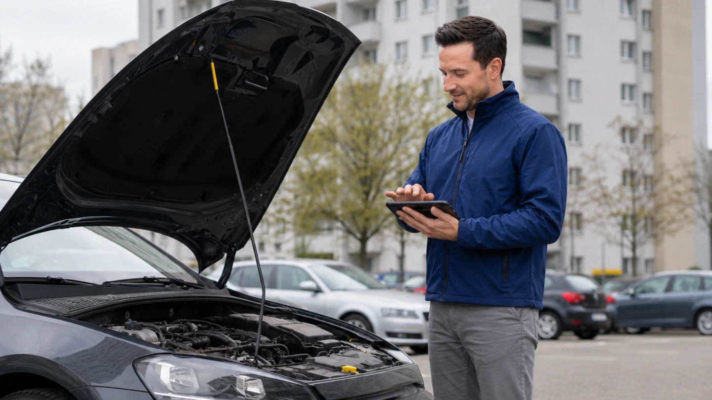 Autohändler prüft Fahrzeugmotor in Haan Wohngebiet